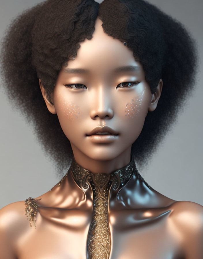 Digital artwork featuring person with afro hairstyle, freckles, and gold collar.