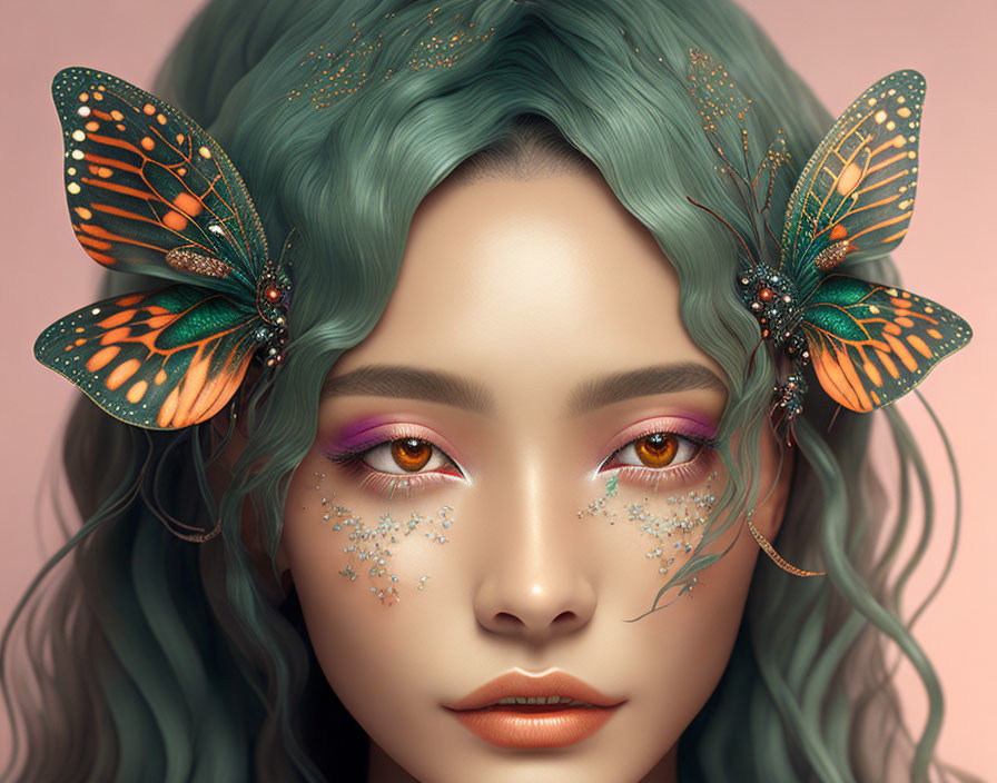 Digital portrait of woman with green hair and butterfly hair accessories