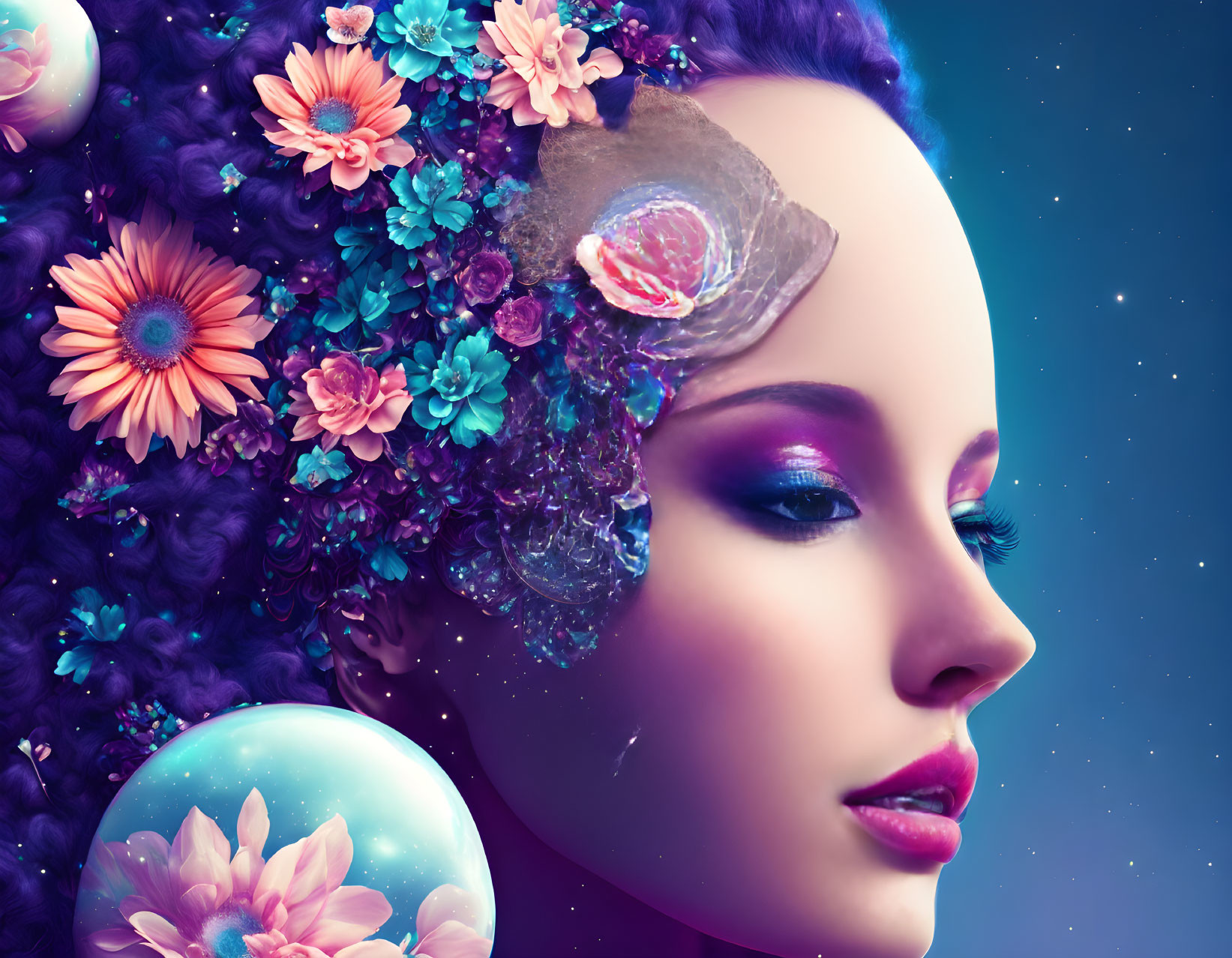 Cosmic-themed digital artwork of a woman with floral hair and moon sphere