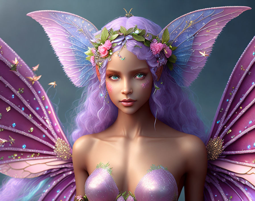 Fantasy fairy illustration with purple hair and iridescent wings