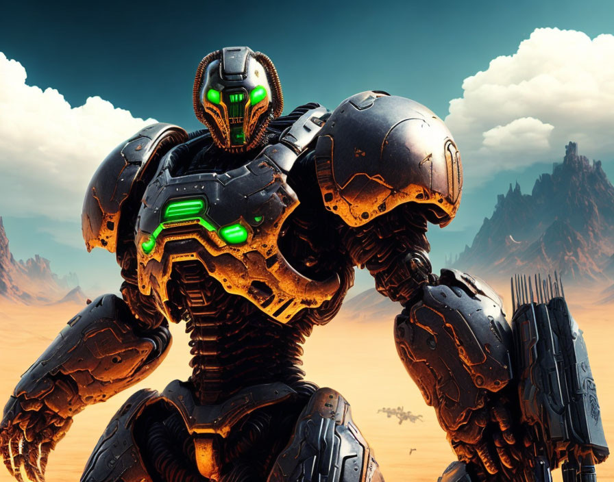 Futuristic armored robot with green lights in desert landscape