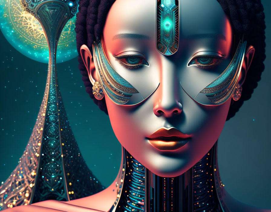 Futuristic African woman with metallic facial ornaments on cosmic background