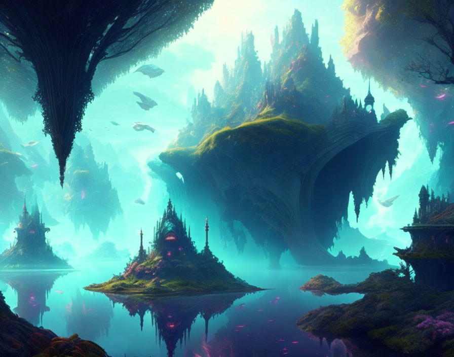 Fantasy landscape with floating islands, lush greenery, rock formations, water, vibrant flora