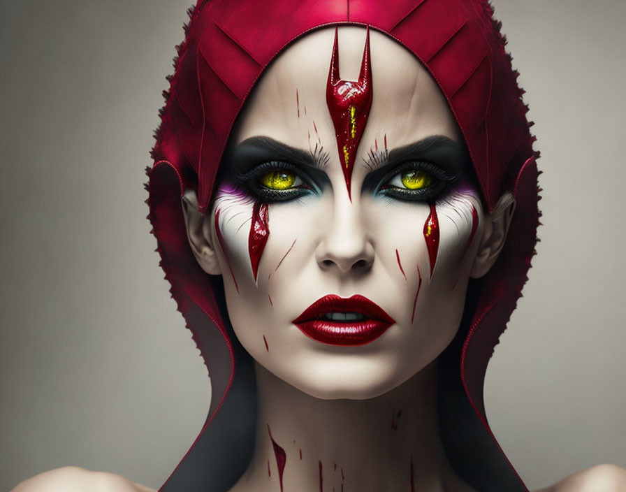 Vivid red and black headdress with intense yellow eyes and dramatic makeup