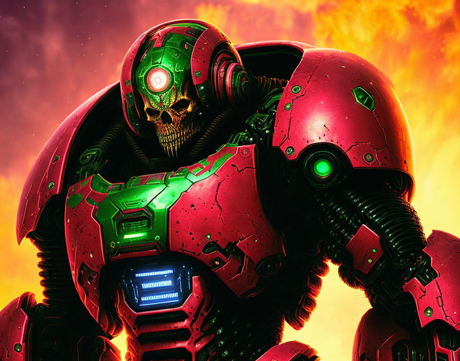 Menacing robot with skull face and glowing green eyes in red armor