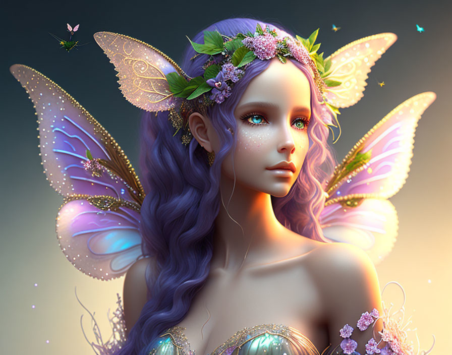 Ethereal female figure with butterfly wings and floral crown