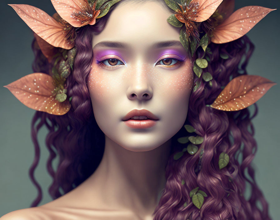 Fantasy portrait of woman with floral hair adornments and purple eyeshadow