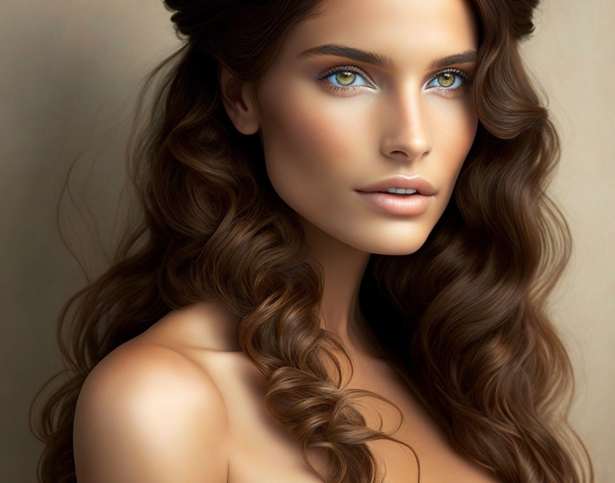 Woman with Blue Eyes and Long Wavy Brown Hair in Digital Art