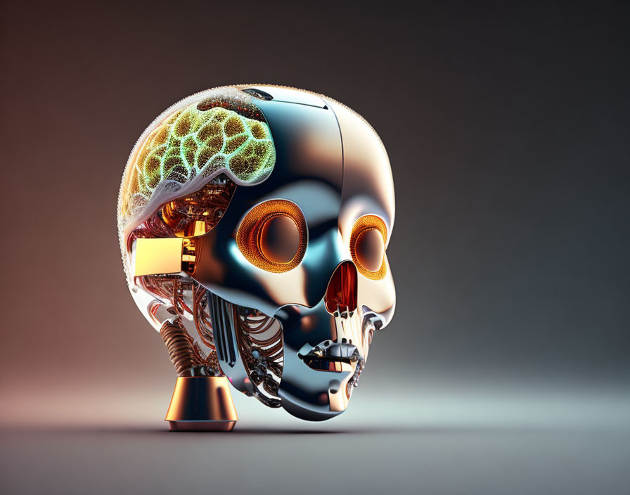 Transparent futuristic robotic skull with brain-like structure on gradient background