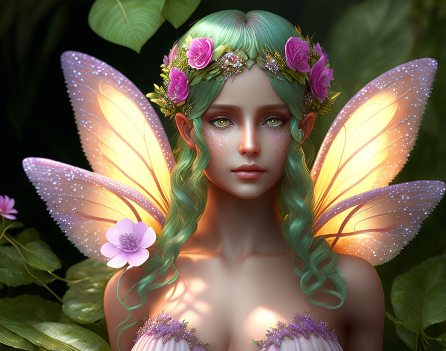 Digital artwork: Luminescent fairy with floral crown in dark, leafy setting