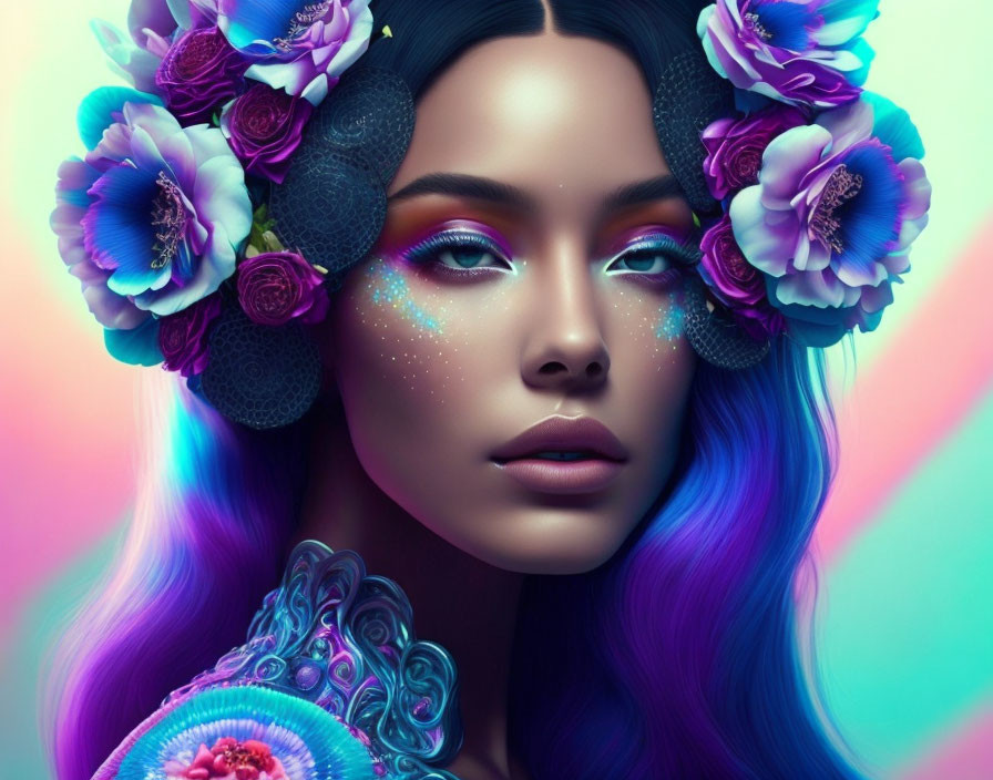 Colorful Portrait of Woman with Vibrant Makeup and Flowers