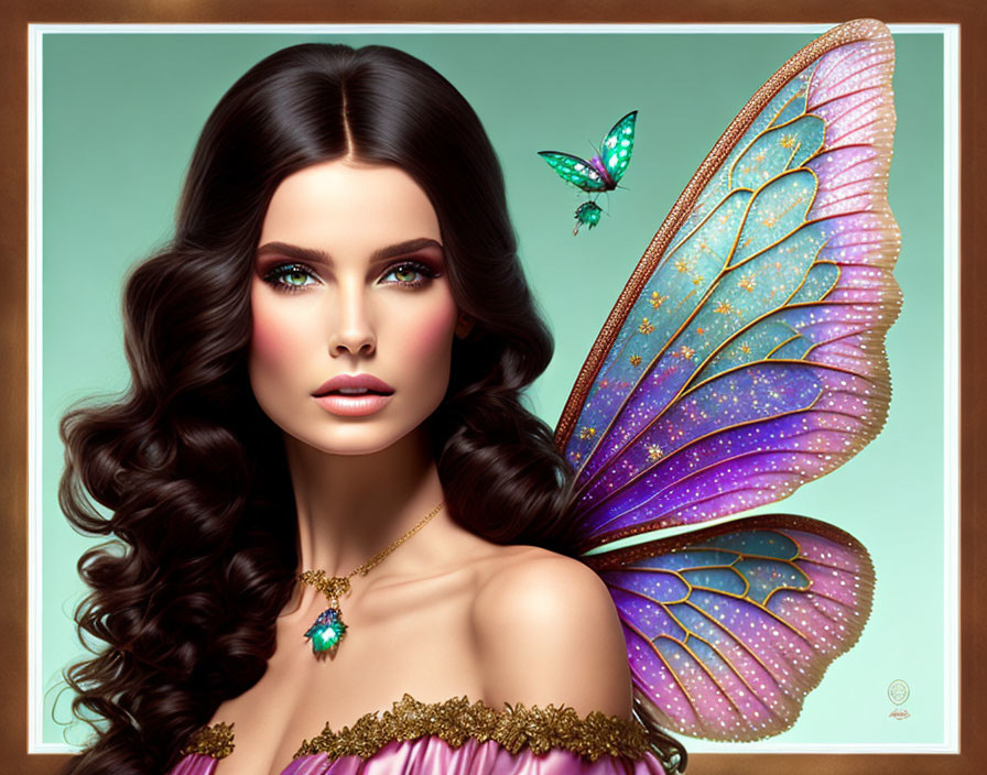 Dark-Haired Woman with Fairy Wings and Butterfly on Turquoise Background