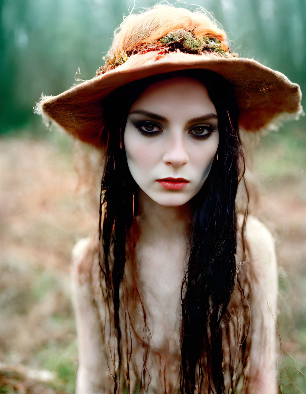 Intense woman with dark eye makeup and red lipstick in broad-brimmed hat adorned with foliage.