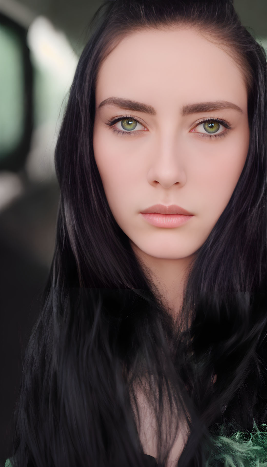 Portrait of woman with striking green eyes and dark hair