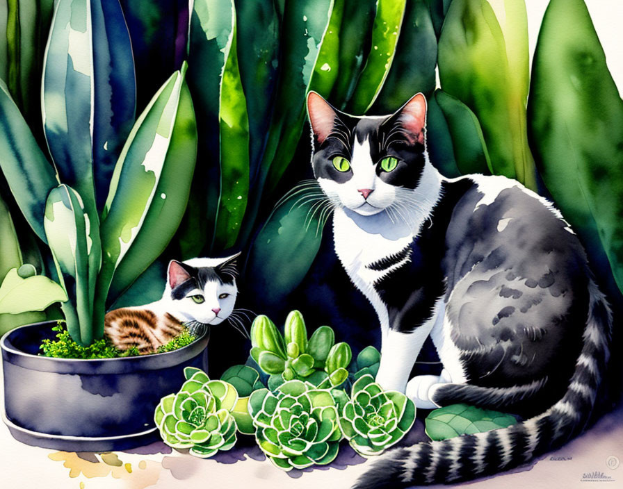 Two cats in green plant setting: one regal, one playful.