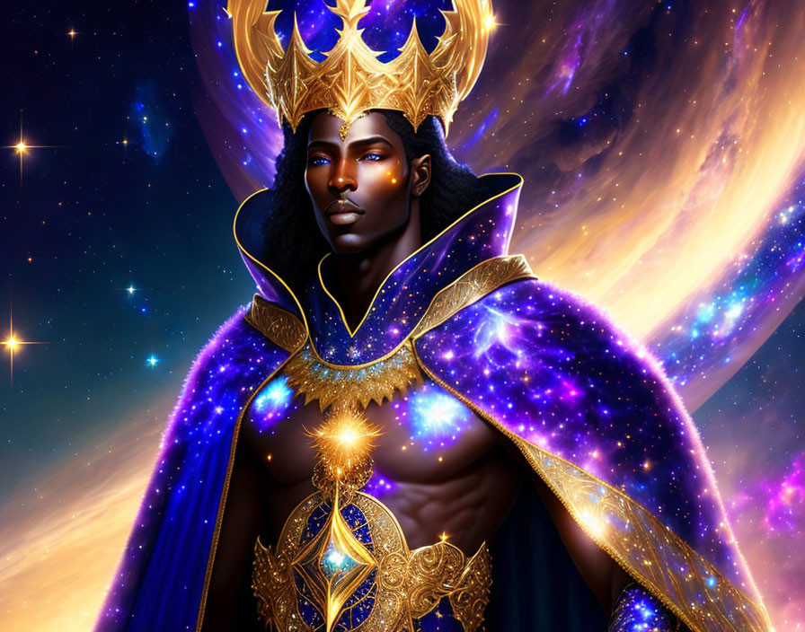 Cosmic portrait of a regal figure with golden crown and starry cape