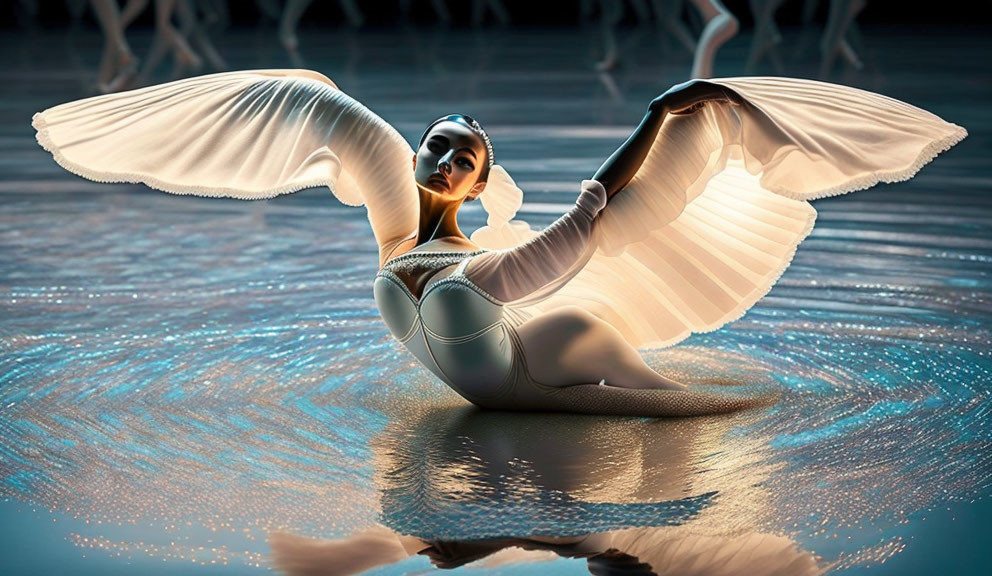 Graceful dancer in white costume mimics swan on reflective surface