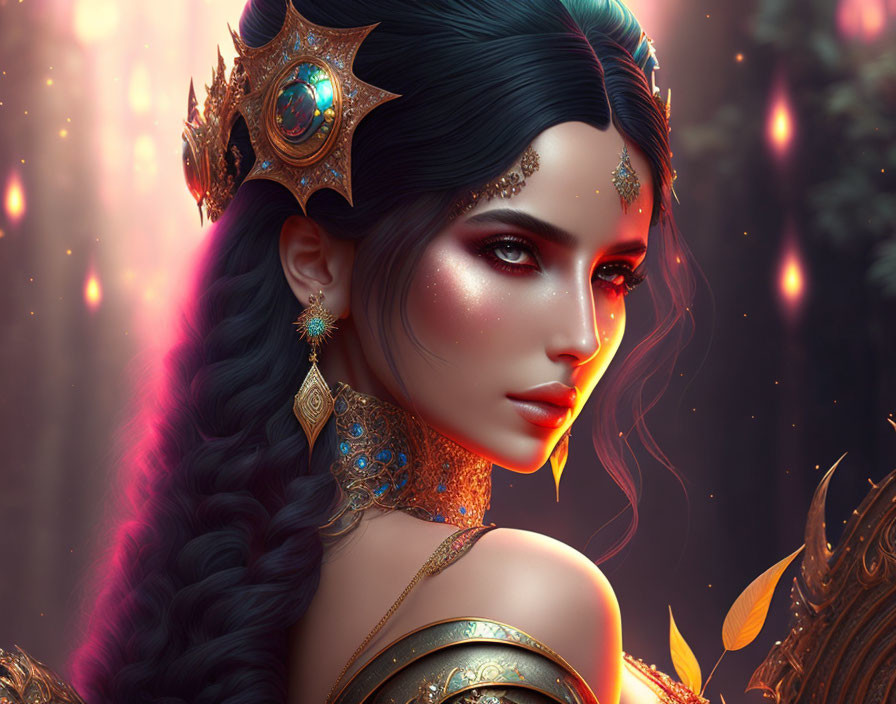 Intricate golden jewelry and glowing gemstones on fantasy woman portrait