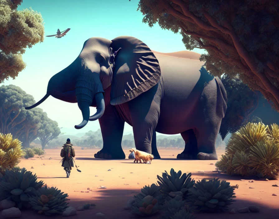 Person walking dog towards majestic elephant in savanna landscape