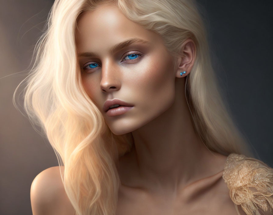 Portrait of Woman with Piercing Blue Eyes and Blond Wavy Hair