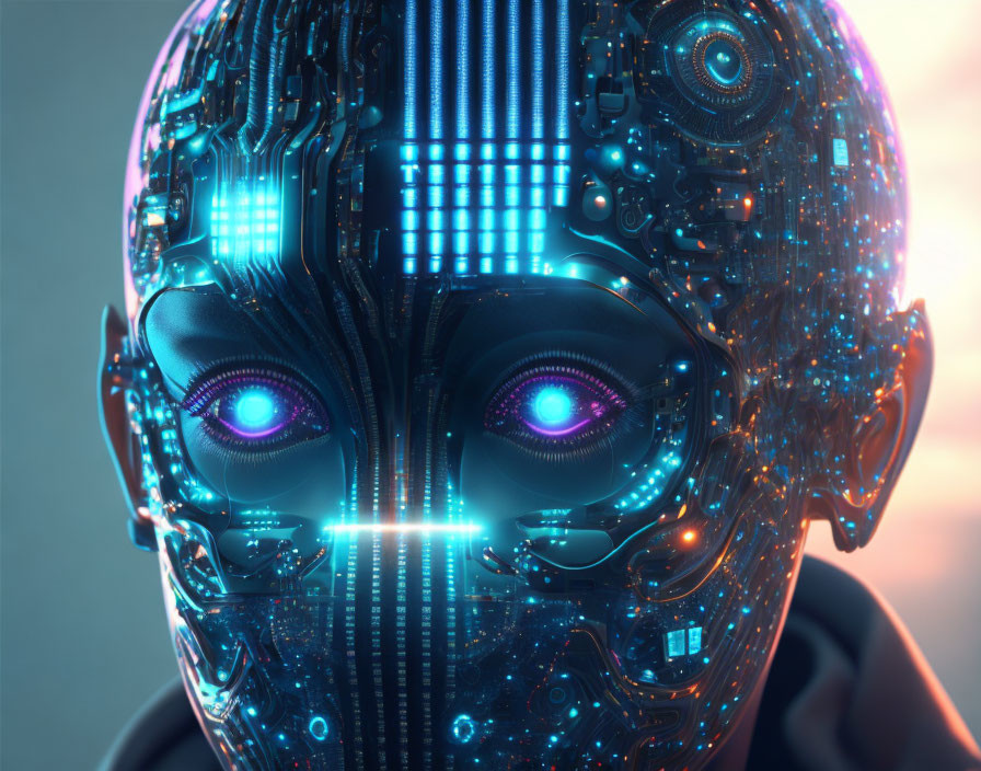 Detailed futuristic robot head with glowing blue eyes and intricate circuit patterns