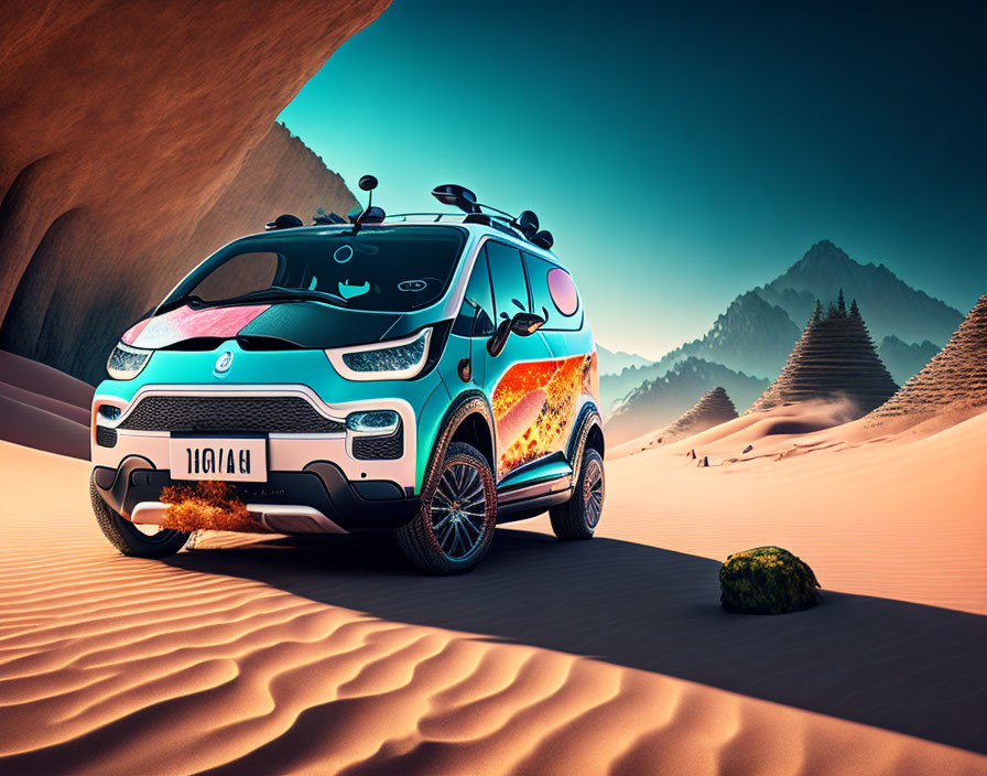 Colorful Surf-Themed Compact Vehicle in Desert Landscape