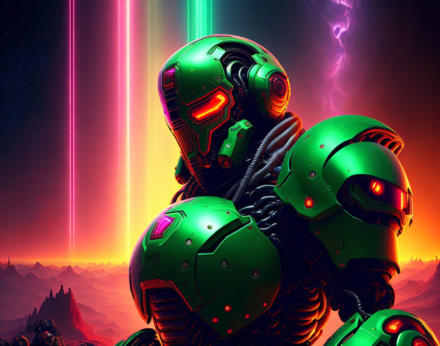 Armored figure in futuristic helmet on neon-lit alien landscape