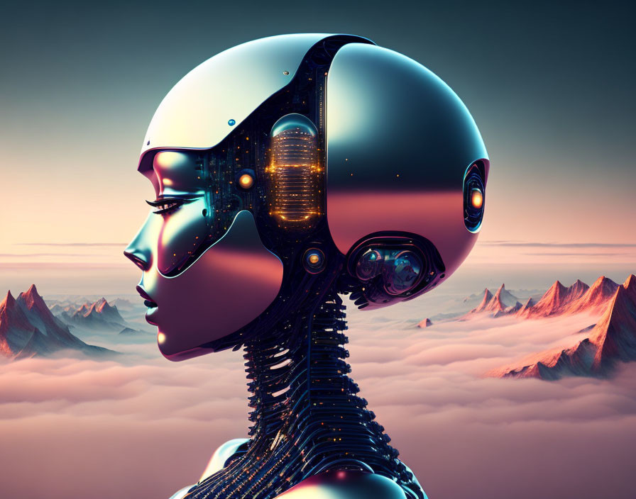 Female humanoid robot with black head and pink mountains backdrop