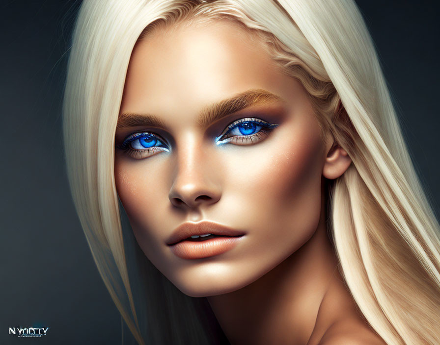 Digital Portrait: Woman with Striking Blue Eyes and Platinum Blonde Hair