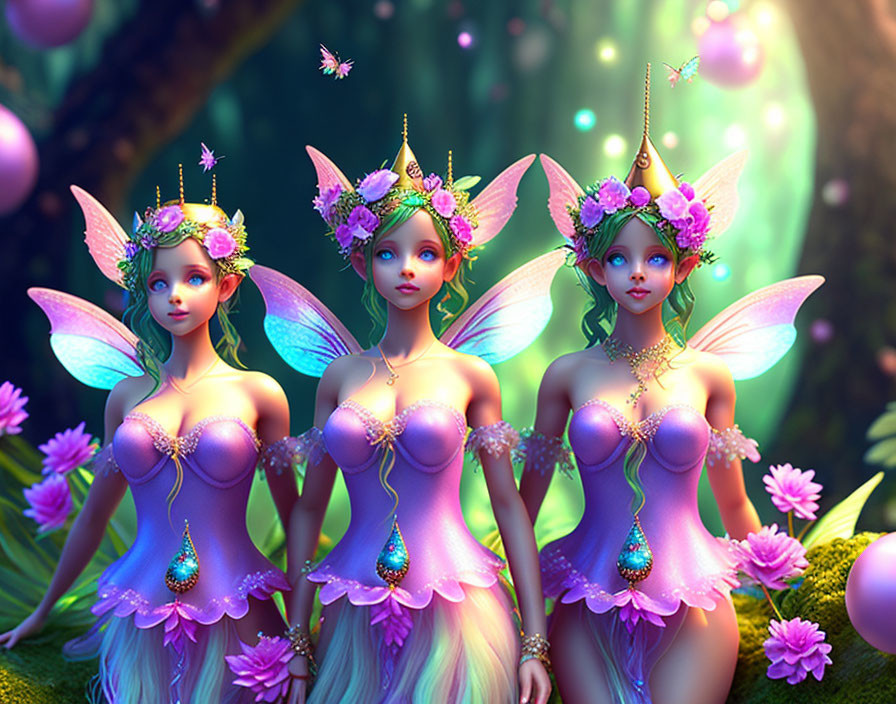 Colorful Fantasy Fairies with Floral Crowns in Enchanted Forest