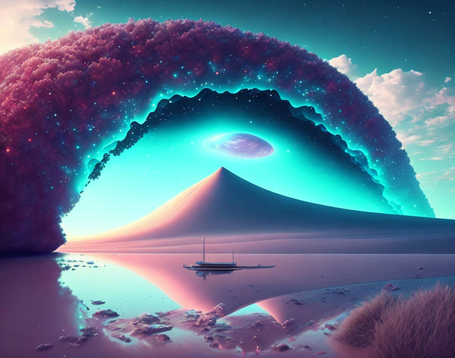 Surreal landscape with boat under starry wave on desert terrain