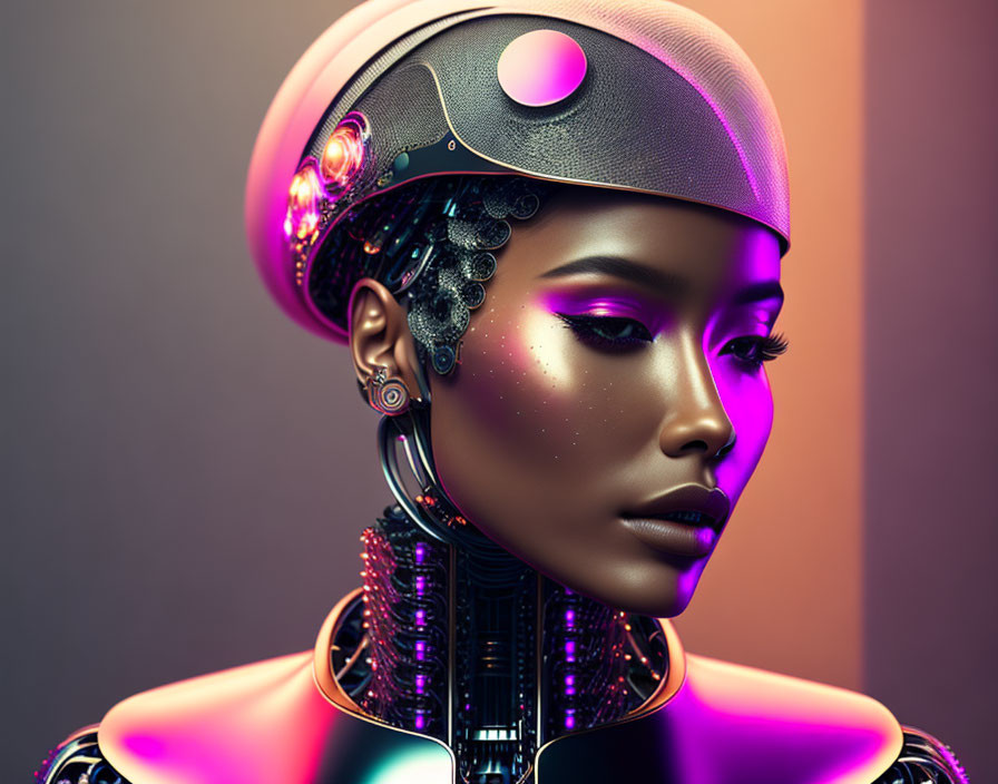 Futuristic female android with white helmet and purple glowing eyes