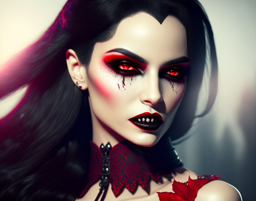 Female digital artwork with intense red eyes, dark lipstick, and dramatic makeup.