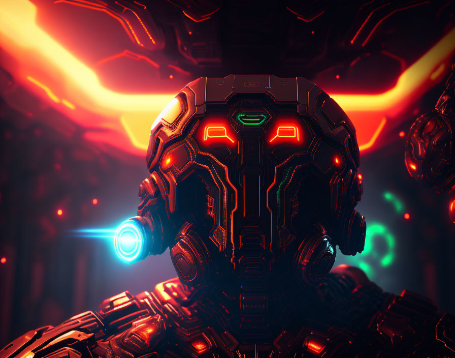 Futuristic robot in red and black armor with neon lights in high-tech setting