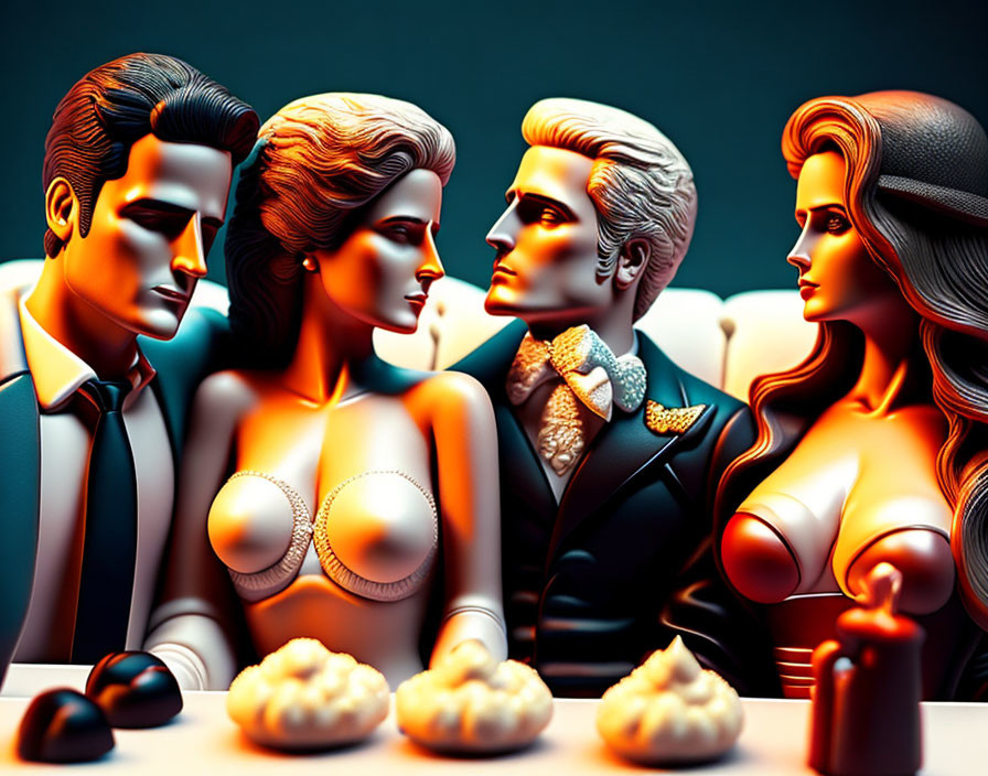 Four sophisticated characters in evening attire with dramatic lighting and mystery