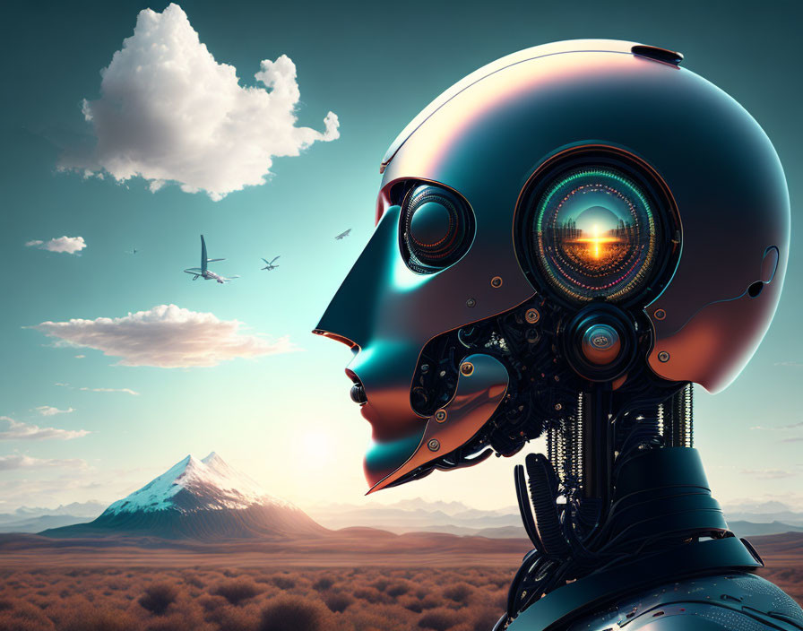 Reflective futuristic robotic head in serene landscape with mountains & birds