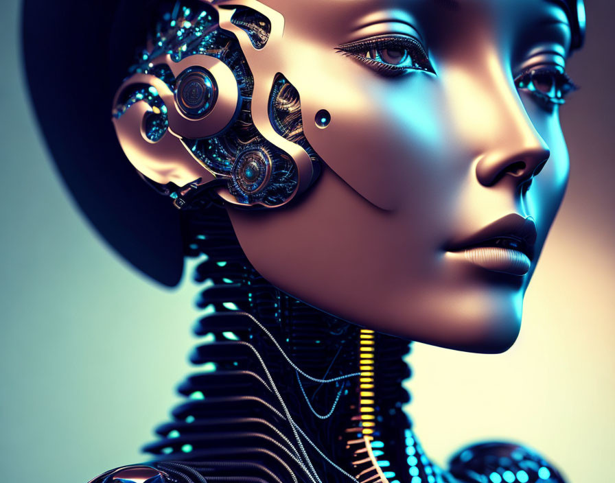 Detailed Close-Up of Female Robot's Mechanical Face on Warm Background