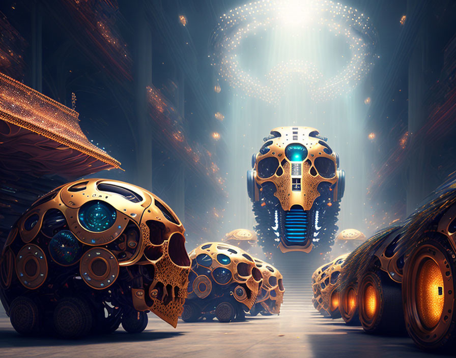 Ornate spherical pods in futuristic hallway under swirling energy vortex