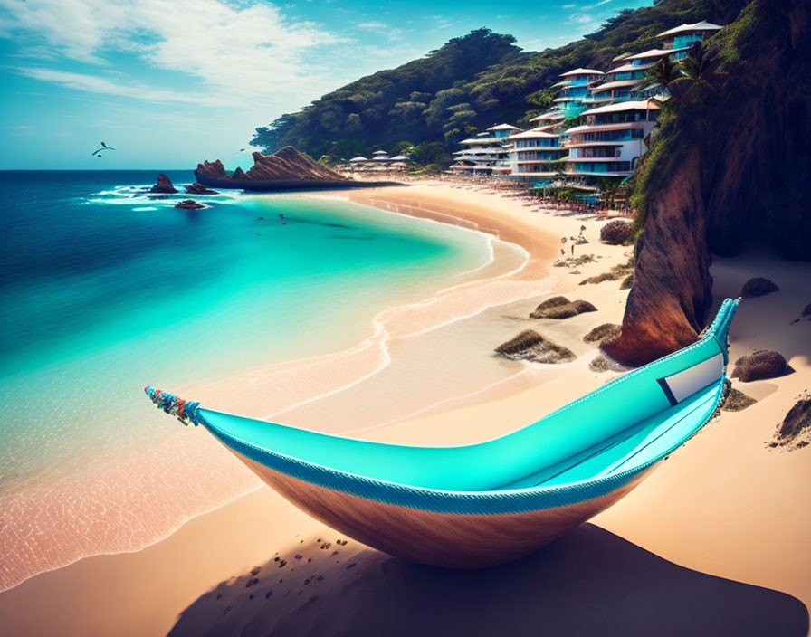 Tranquil beach scene with hammock, resort, lush greenery, and cliffs