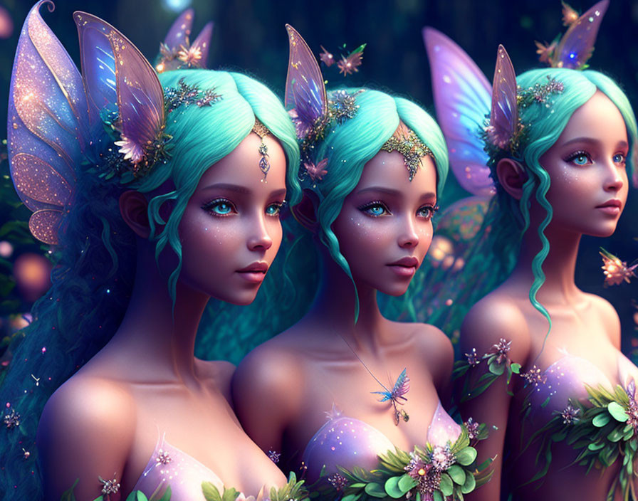 Ethereal fairy-like figures with teal hair and floral crowns in a luminescent forest