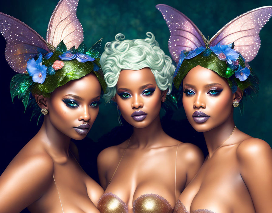 Fantasy Figures with Butterfly Wings and Floral Crowns on Dark Green Background