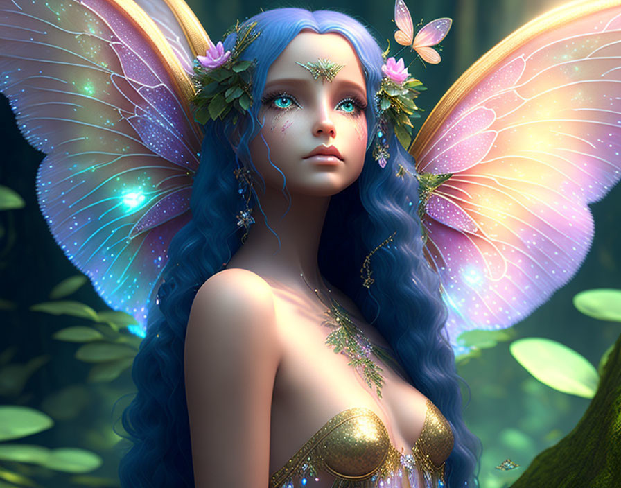 Radiant fairy with flower-adorned wings in luminous forest