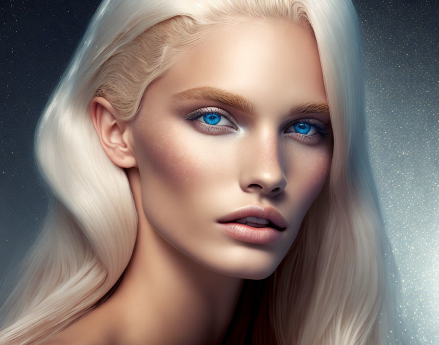 Woman with Blue Eyes and White Hair in Starry Digital Portrait