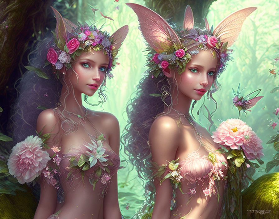 Ethereal fairy creatures with delicate wings in magical forest.