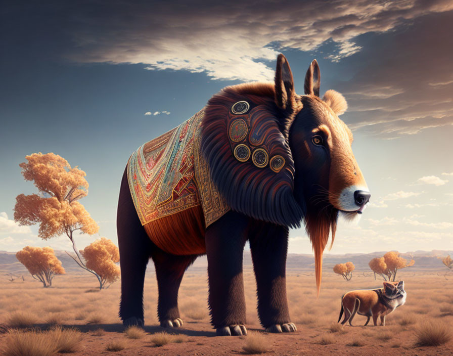 Giant bear-like creature with cloth, orange trees, and small dog in surreal illustration