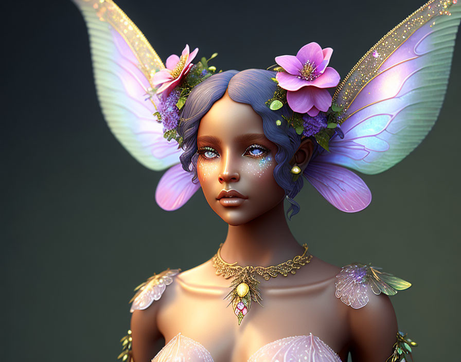 Fantasy character portrait with butterfly wings and floral jewelry