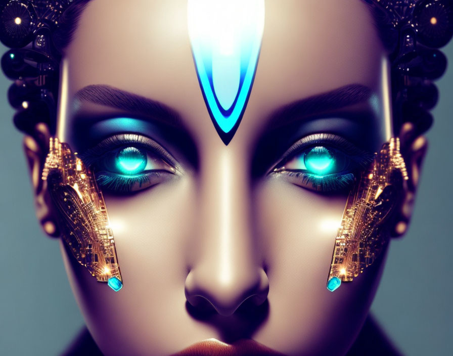 Female-Looking Android with Blue Eyes and Gold Circuitry