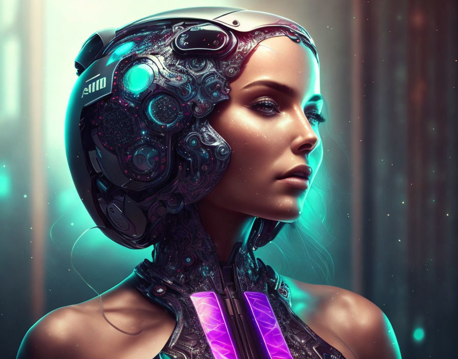 Female Cyborg with Intricate Mechanical Details in Futuristic Setting