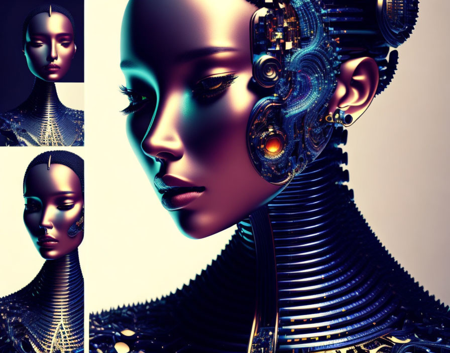 Female cyborg with detailed mechanical & human elements on head