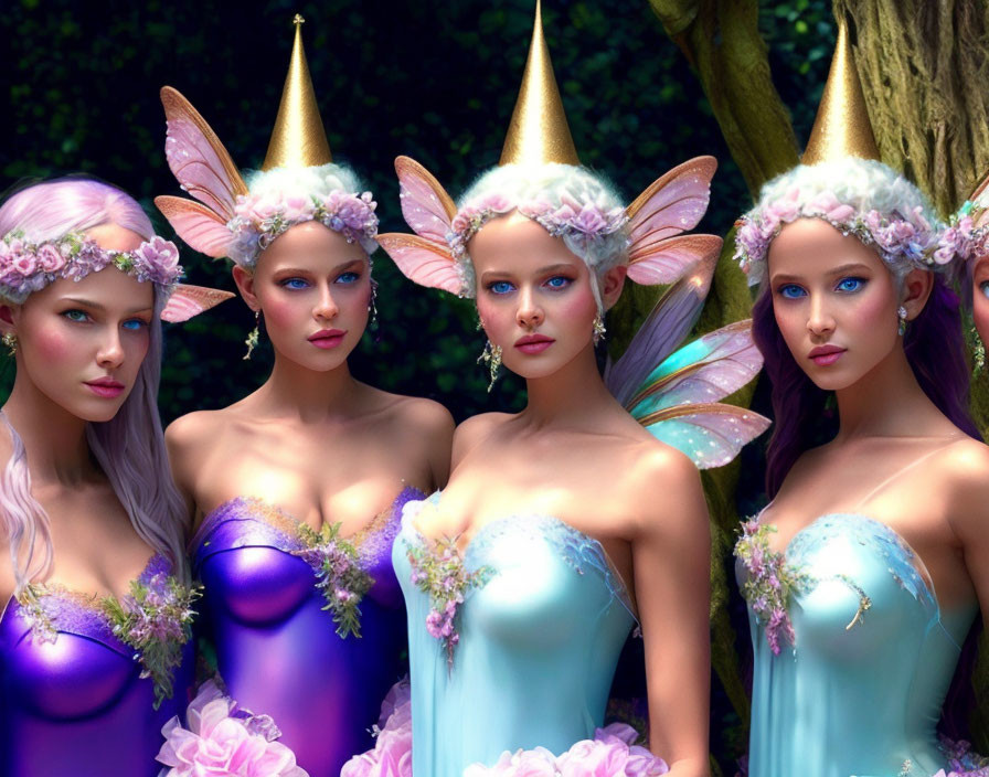 Four golden-horned fairies in blue dresses with translucent wings in a magical forest.